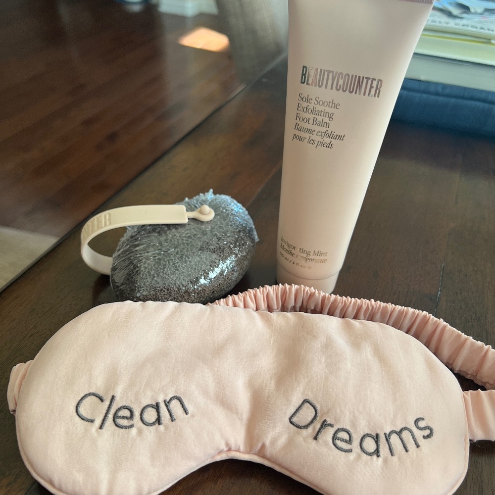 Beautycounter Foot Exfoliator, Pumice Stone, and Eye Mask
